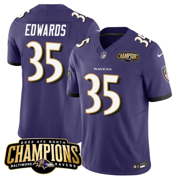 Men's Baltimore Ravens #35 Gus Edwards Purple 2023 F.U.S.E. AFC North Champions Vapor Limited Football Stitched Jersey