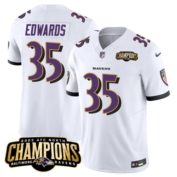 Men's Baltimore Ravens #35 Gus Edwards White 2023 F.U.S.E. AFC North Champions Vapor Limited Football Stitched Jersey