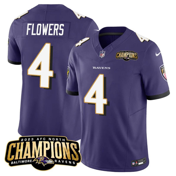 Men's Baltimore Ravens #4 Zay Flowers Purple 2023 F.U.S.E. AFC North Champions Vapor Limited Football Stitched Jersey