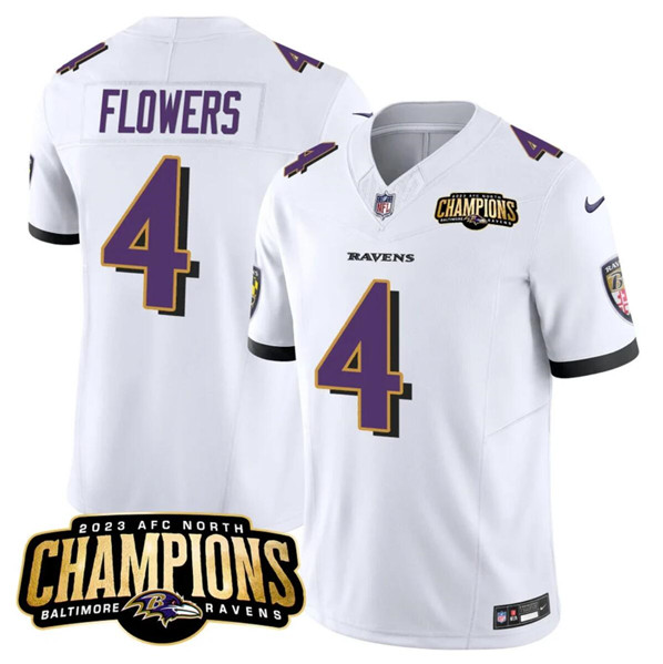 Men's Baltimore Ravens #4 Zay Flowers White 2023 F.U.S.E. AFC North Champions Vapor Limited Football Stitched Jersey
