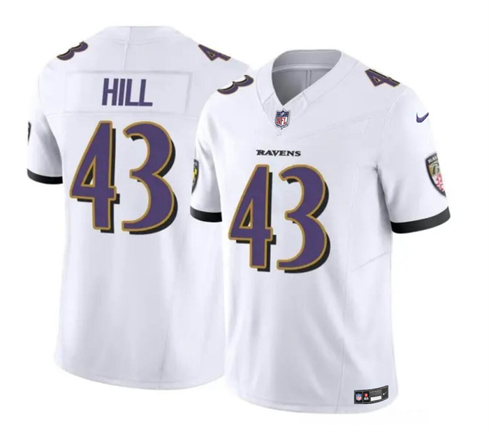 Men's Baltimore Ravens #43 Justice Hill White 2023 F.U.S.E. Vapor Limited Football Stitched Jersey