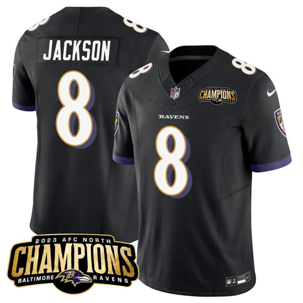Men's Baltimore Ravens #8 Lamar Jackson Black 2023 F.U.S.E. AFC North Champions Vapor Limited Football Stitched Jersey
