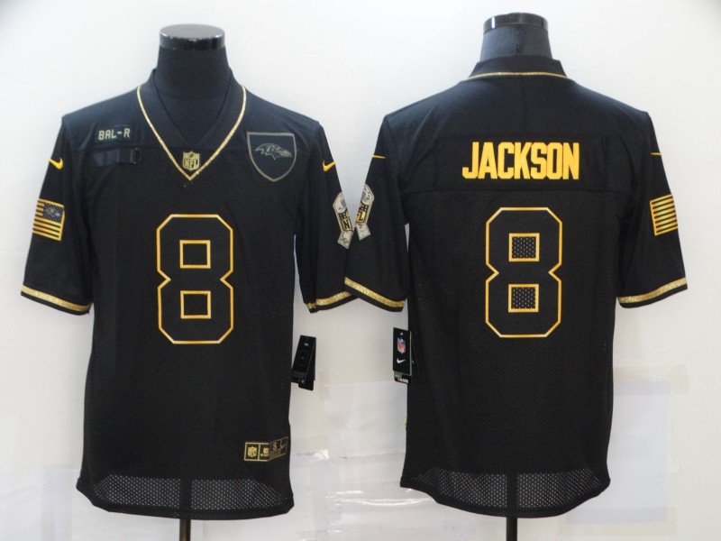 Men's Baltimore Ravens #8 Lamar Jackson Black Gold 2020 Salute To Service Stitched NFL Nike Limited Jersey