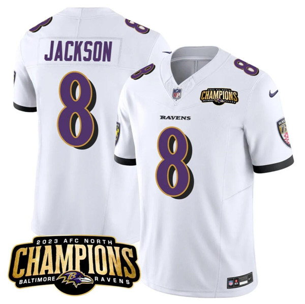 Men's Baltimore Ravens #8 Lamar Jackson White 2023 F.U.S.E. AFC North Champions Vapor Limited Football Stitched Jersey