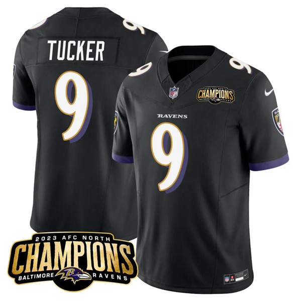 Men's Baltimore Ravens #9 Justin Tucker Black 2023 F.U.S.E. AFC North Champions Vapor Limited Football Stitched Jersey