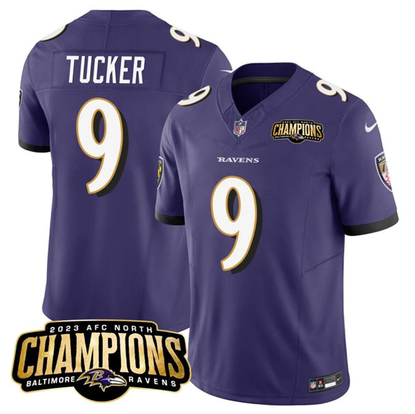 Men's Baltimore Ravens #9 Justin Tucker Purple 2023 F.U.S.E. AFC North Champions Vapor Limited Football Stitched Jersey