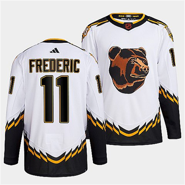 Men's Boston Bruins #11 Trent Frederic 2022 White Reverse Retro Stitched Jersey
