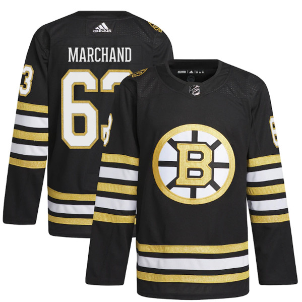 Men's Boston Bruins #63 Brad Marchand Black 100th Anniversary Primegreen Stitched Jersey