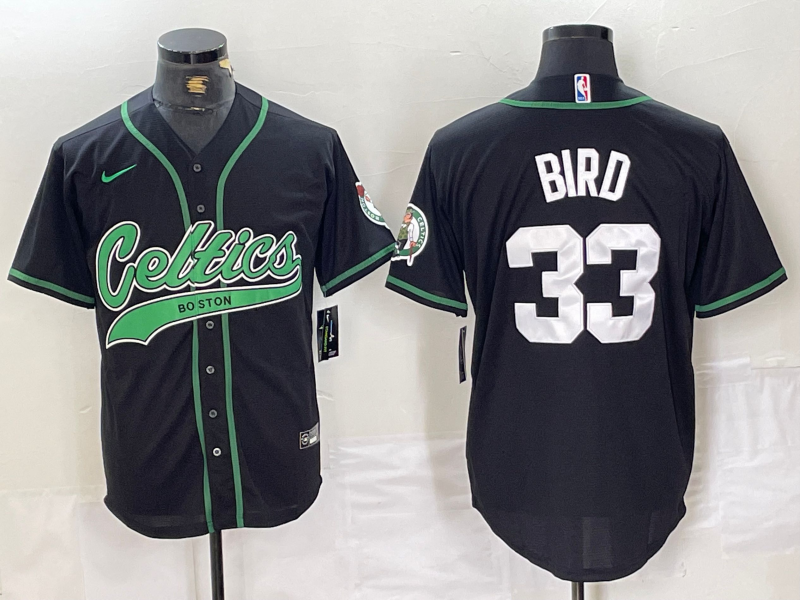 Men's Boston Celtics #33 Larry Bird Black With Patch Cool Base Stitched Baseball Jersey