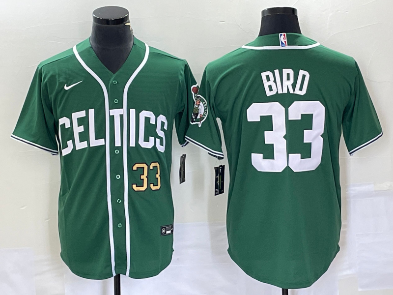 Men's Boston Celtics #33 Larry Bird Number Green Stitched Baseball Jersey