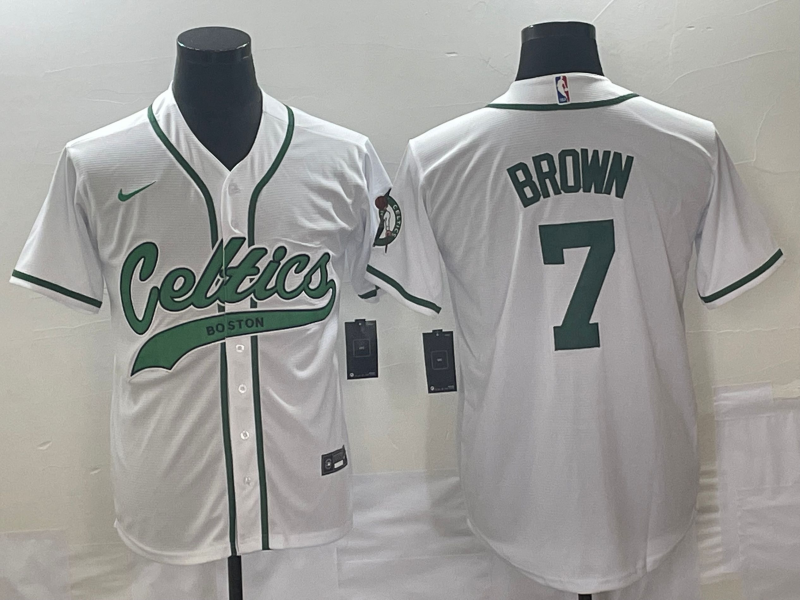 Men's Boston Celtics #7 Jaylen Brown White With Patch Stitched Baseball Jersey