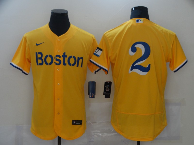 Men's Boston Red Sox #2 Xander Bogaerts Gold 2021 City Connect Stitched MLB Flex Base Nike Jerseys