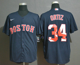 Men's Boston Red Sox #34 David Ortiz Navy Blue Team Logo Stitched MLB Cool Base Nike Jersey