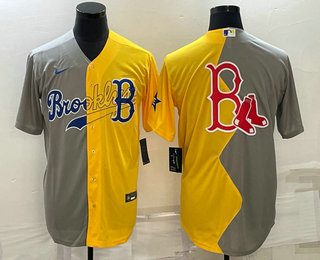 Men's Boston Red Sox Big Logo Grey Yellow Split Cool Base Stitched Jersey
