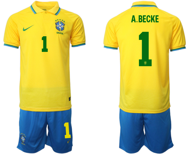 Men's Brazil #1 A. Becke Yellow Home Soccer 2022 FIFA World Cup Jerseys