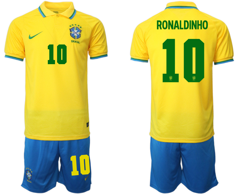 Men's Brazil #10 Ronaldinho Yellow Home Soccer 2022 FIFA World Cup Jerseys