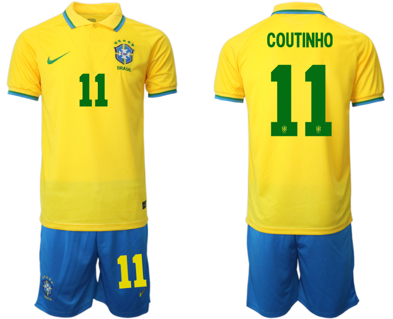 Men's Brazil #11 Coutinho Yellow Home Soccer 2022 FIFA World Cup Jerseys
