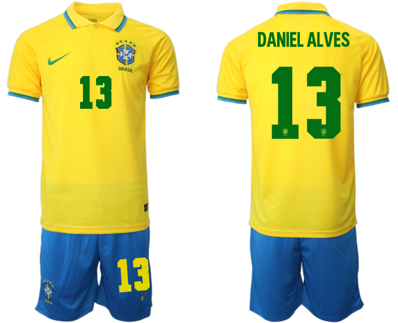 Men's Brazil #13 Daniel Alves Yellow Home Soccer 2022 FIFA World Cup Jerseys
