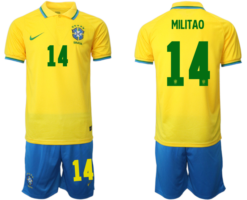 Men's Brazil #14 MilitAo Yellow Home Soccer 2022 FIFA World Cup Jerseys