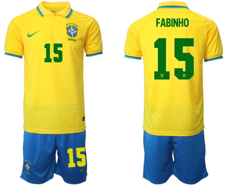 Men's Brazil #15 Fabinho Yellow Home Soccer 2022 FIFA World Cup Jerseys
