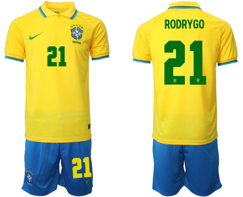 Men's Brazil #21 Rodrygo Yellow Home Soccer 2022 FIFA World Cup Jerseys