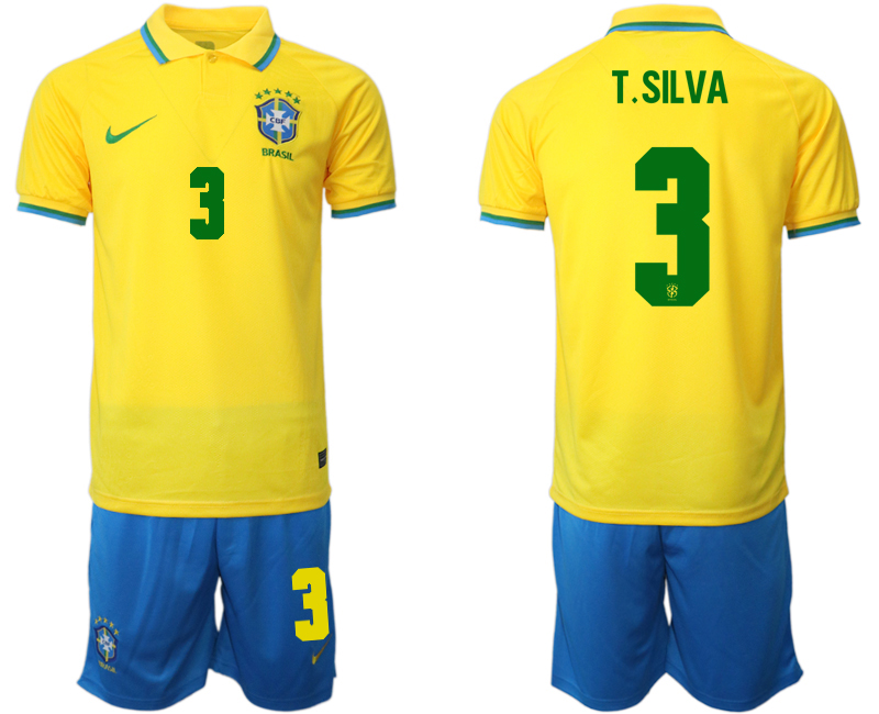 Men's Brazil #3 T. Silva Yellow Home Soccer 2022 FIFA World Cup Jerseys