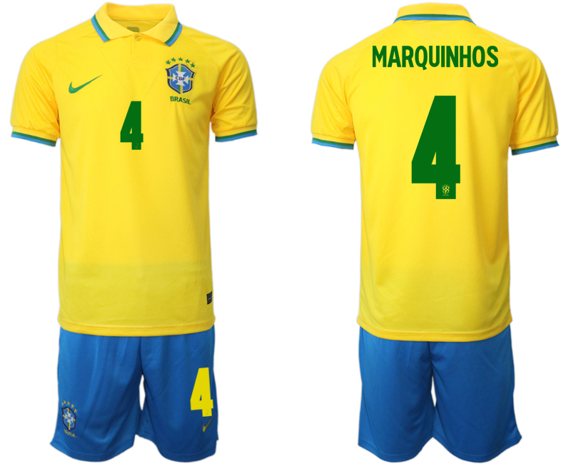 Men's Brazil #4 Marquinhos Yellow Home Soccer 2022 FIFA World Cup Jerseys