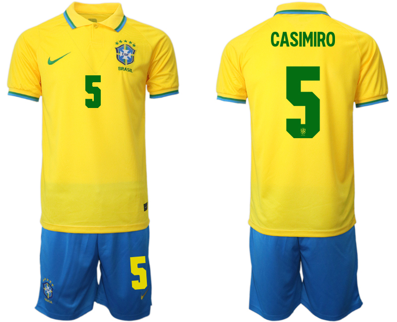 Men's Brazil #5 Casemiro Yellow Home Soccer 2022 FIFA World Cup Jerseys