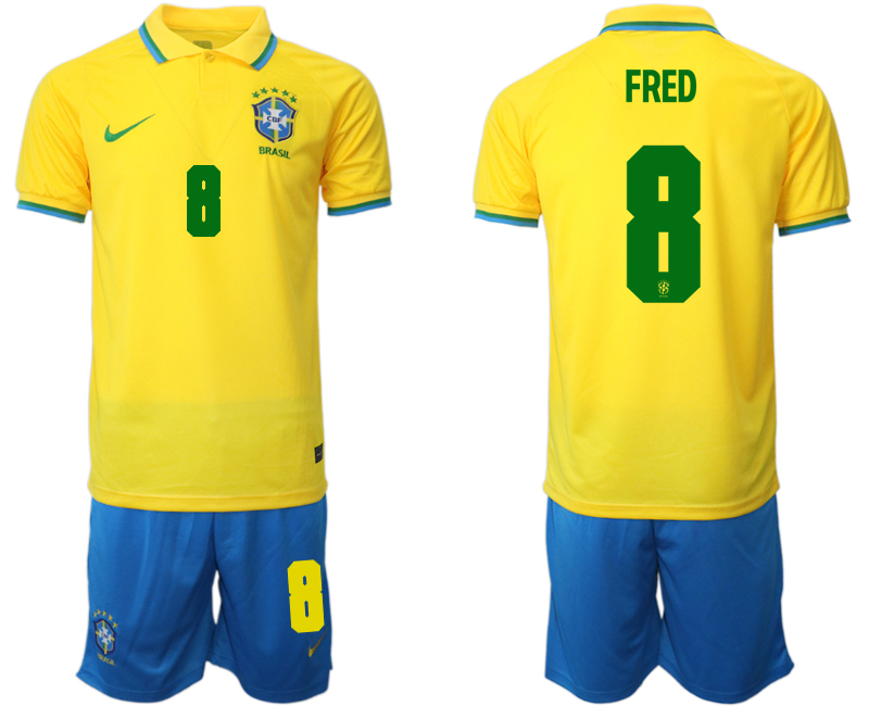 Men's Brazil #8 Fred Yellow Home Soccer 2022 FIFA World Cup Jerseys