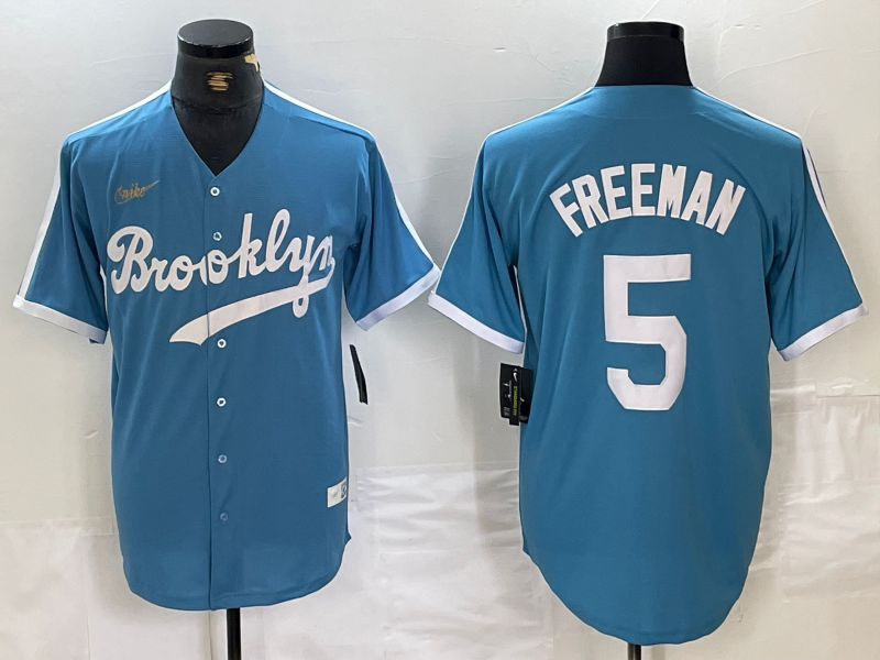 Men's Brooklyn Dodgers #5 Freddie Freeman Light Blue Cooperstown Collection Cool Base Jersey