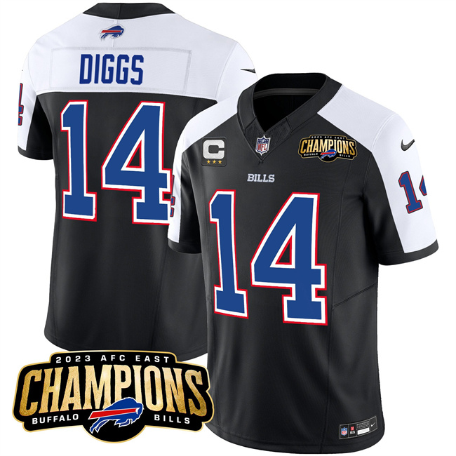 Men's Buffalo Bills #14 Stefon Diggs Black White 2023 F.U.S.E. AFC East Champions With 4-star C Ptach Football Stitched Jersey