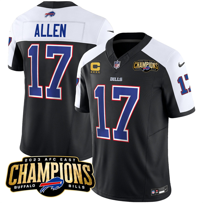 Men's Buffalo Bills #17 Josh Allen Black White 2023 F.U.S.E. AFC East Champions With 4-star C Ptach Football Stitched Jersey
