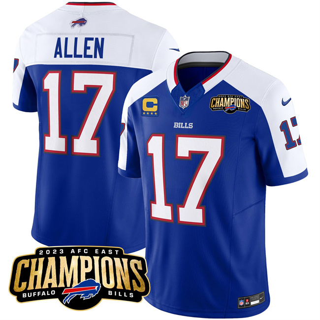 Men's Buffalo Bills #17 Josh Allen Blue White 2023 F.U.S.E. AFC East Champions With 4-star C Ptach Football Stitched Jersey