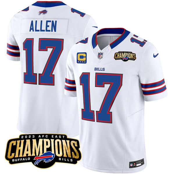 Men's Buffalo Bills #17 Josh Allen White 2023 F.U.S.E. AFC East Champions With 4-star C Ptach Football Stitched Jersey