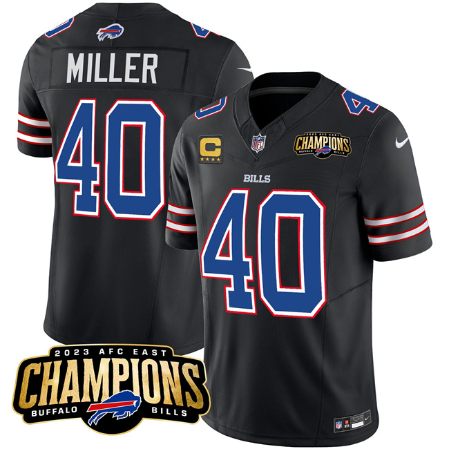 Men's Buffalo Bills #40 Von Miller Black 2023 F.U.S.E. AFC East Champions With 4-star C Ptach Football Stitched Jersey