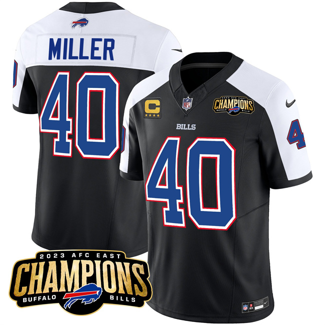 Men's Buffalo Bills #40 Von Miller Black White 2023 F.U.S.E. AFC East Champions With 4-star C Ptach Football Stitched Jersey