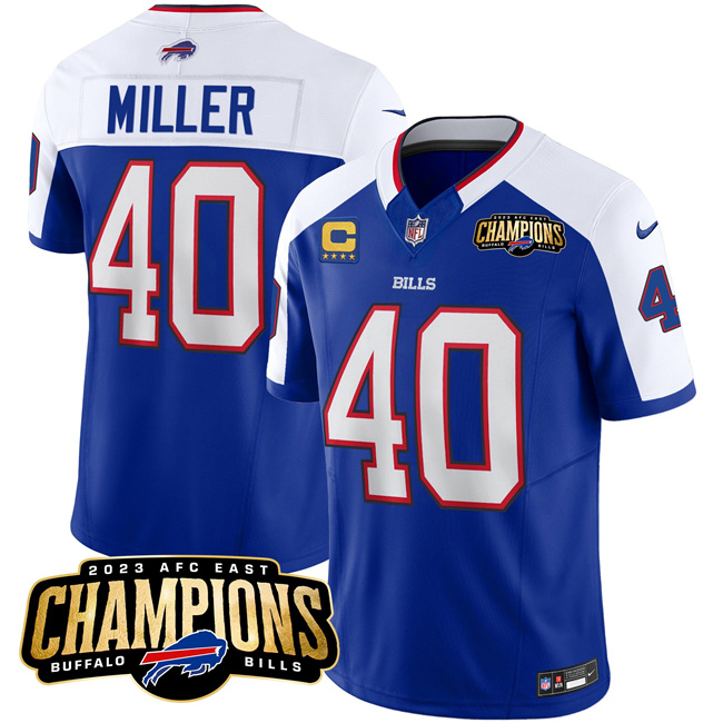 Men's Buffalo Bills #40 Von Miller Blue White 2023 F.U.S.E. AFC East Champions With 4-star C Ptach Football Stitched Jersey