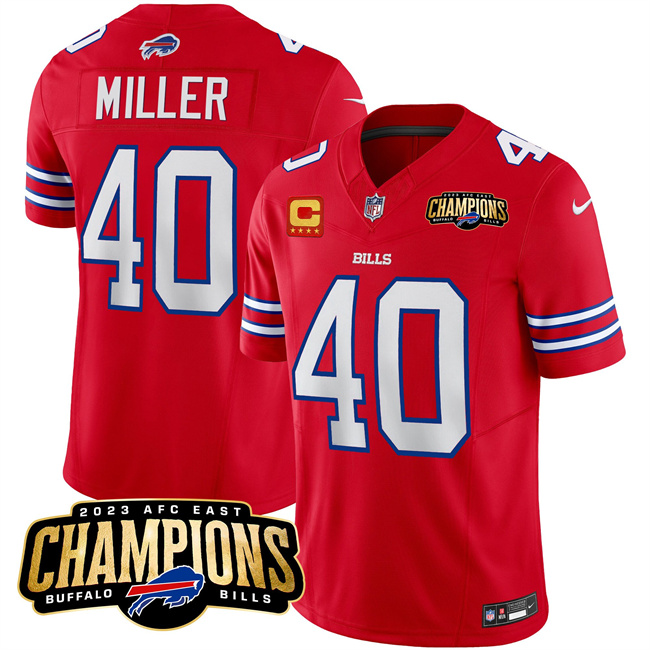 Men's Buffalo Bills #40 Von Miller Red 2023 F.U.S.E. AFC East Champions With 4-star C Ptach Football Stitched Jersey