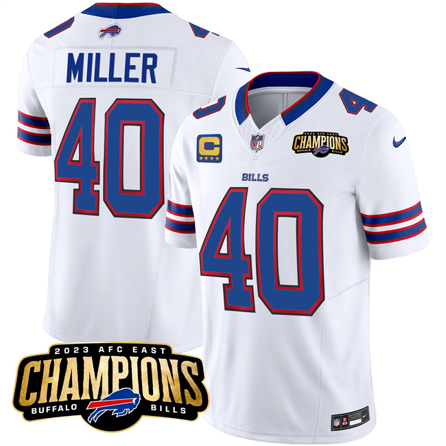 Men's Buffalo Bills #40 Von Miller White 2023 F.U.S.E. AFC East Champions With 4-star C Ptach Football Stitched Jersey