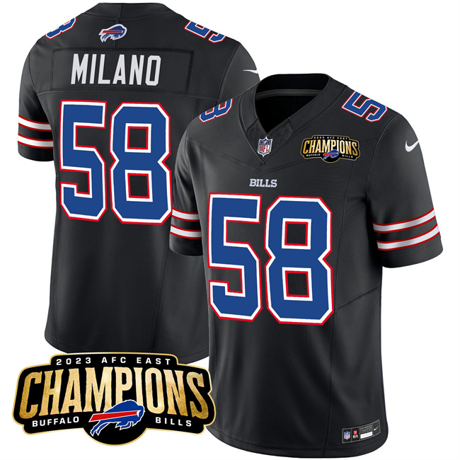 Men's Buffalo Bills #58 Matt Milano Black 2023 F.U.S.E. AFC East Champions With 4-star C Ptach Football Stitched Jersey