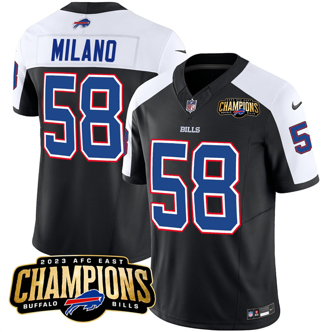Men's Buffalo Bills #58 Matt Milano Black White 2023 F.U.S.E. AFC East Champions With 4-star C Ptach Football Stitched Jersey
