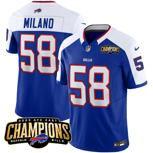 Men's Buffalo Bills #58 Matt Milano Blue White 2023 F.U.S.E. AFC East Champions With 4-star C Ptach Football Stitched Jersey