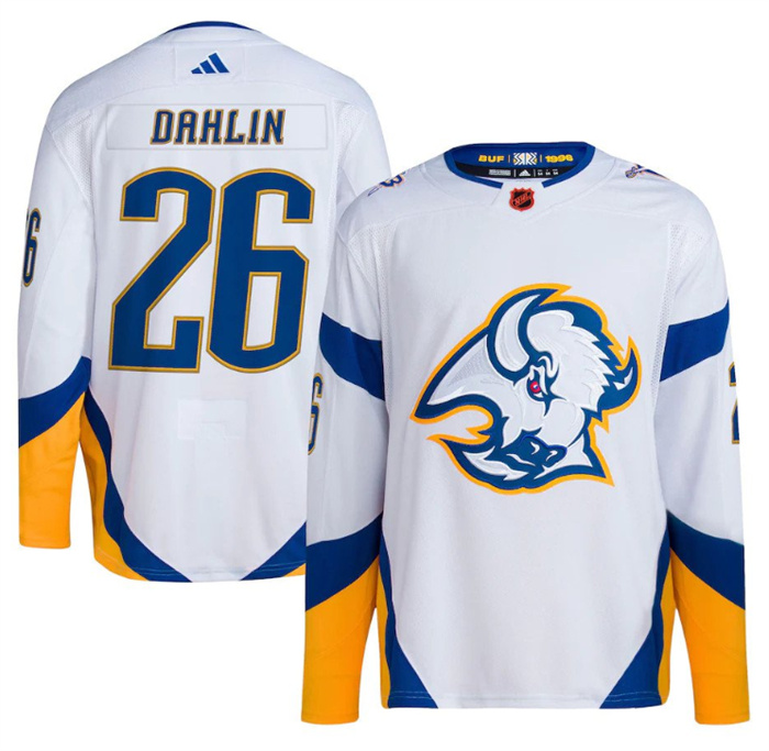 Men's Buffalo Sabres #26 Rasmus Dahlin White 2022 23 Reverse Retro Stitched Jersey