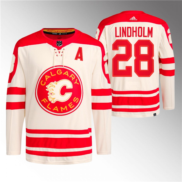 Men's Calgary Flames #28 Elias Lindholm 2023 Cream Classic Primegreen Stitched Jersey