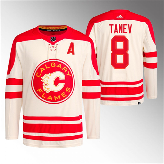 Men's Calgary Flames #8 Chris Tanev 2023 Cream Heritage Classic Primegreen Stitched Jersey