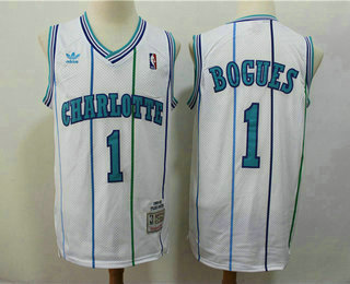 Men's Charlotte Hornets #1 Muggsy Bogues 1992-93 White Hardwood Classics Soul Swingman Throwback Jersey With Adidas