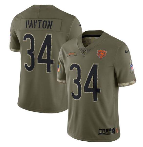 Men's Chicago Bears #34 Walter Payton 2022 Olive Salute To Service Limited Stitched Jersey
