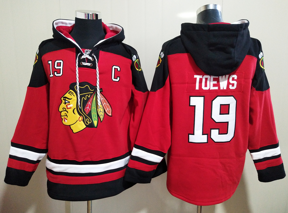 Men's Chicago Blackhawks #19 Jonathan Toews Red All Stitched Hooded Sweatshirt Ageless Must-Have Lace-Up Pullover Hoodie