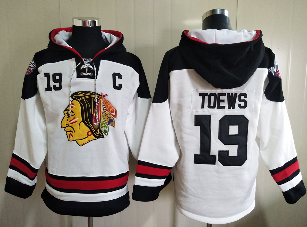 Men's Chicago Blackhawks #19 Jonathan Toews White All Stitched Hooded Sweatshirt Ageless Must-Have Lace-Up Pullover Hoodie