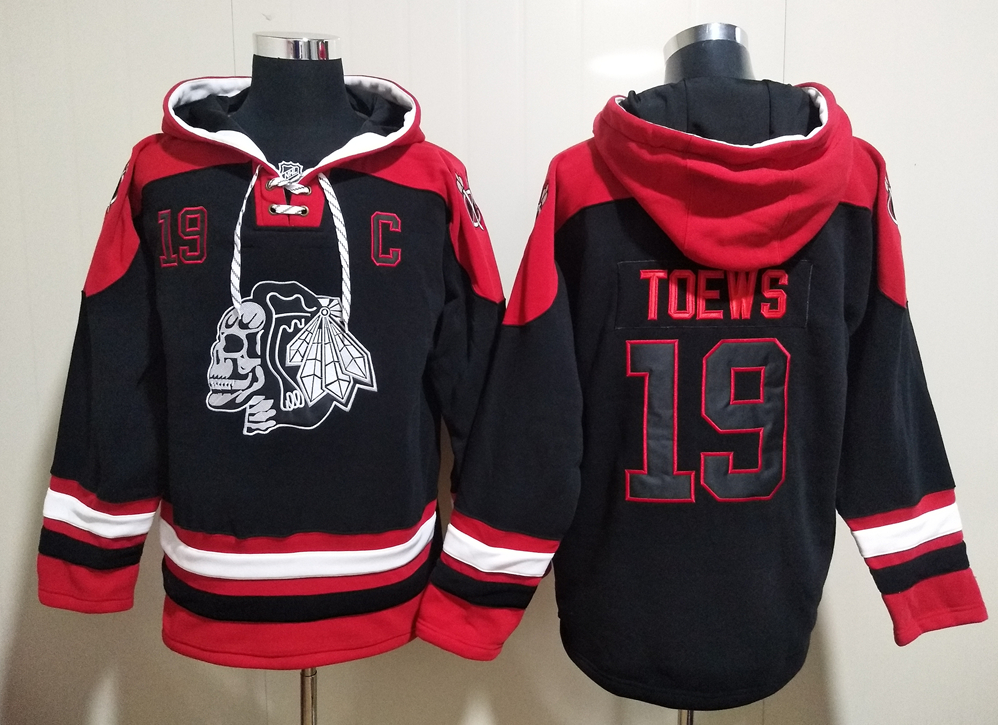 Men's Chicago Blackhawks #19 Jonathan Toews Black All Stitched Hooded Sweatshirt Ageless Must-Have Lace-Up Pullover Hoodie